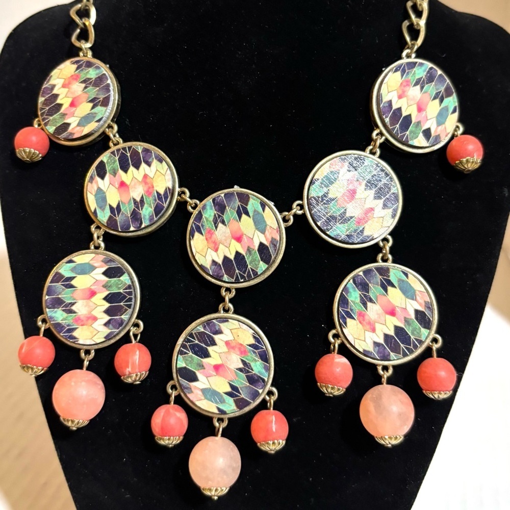 Colorful  Geometric Disc Statement Necklace with Coral Beads
